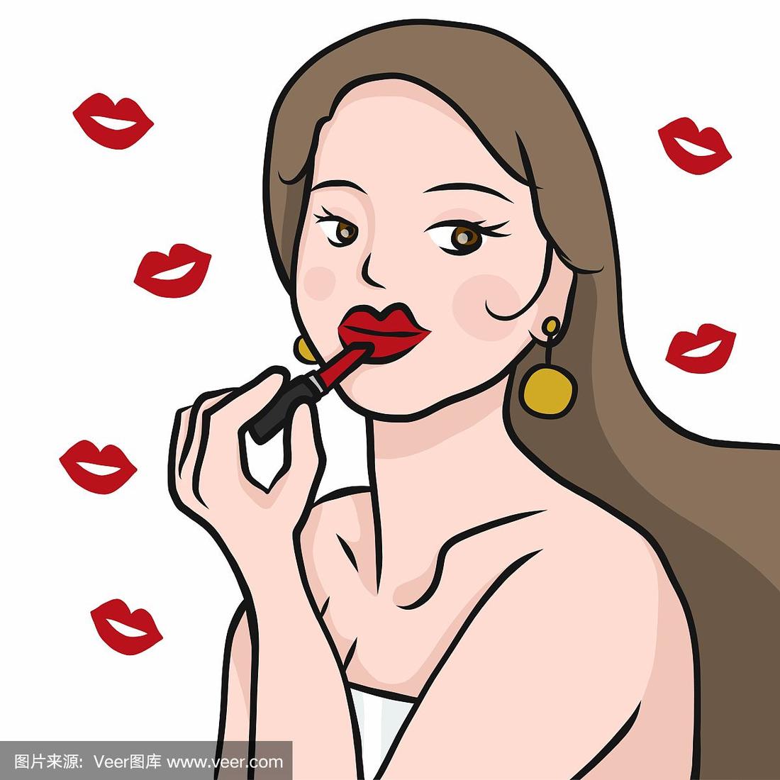 美女把口红放在嘴唇上的卡通矢量插图