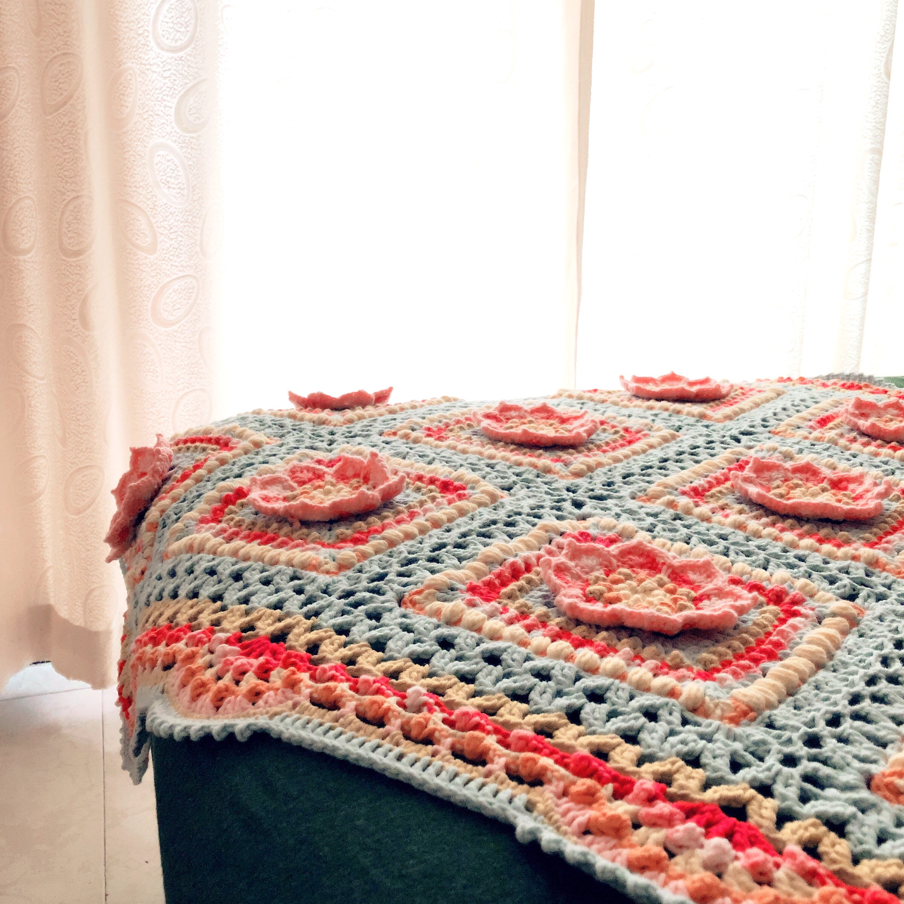 「工喜手工」diy钩针材料包立体花园毯编织视频花朵盖毯5股牛奶棉