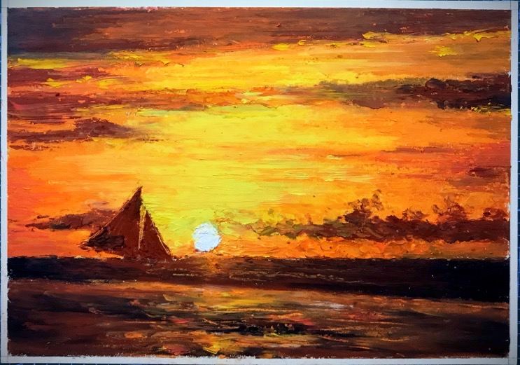 油画棒手绘 海边落日 晚霞 天空插画
