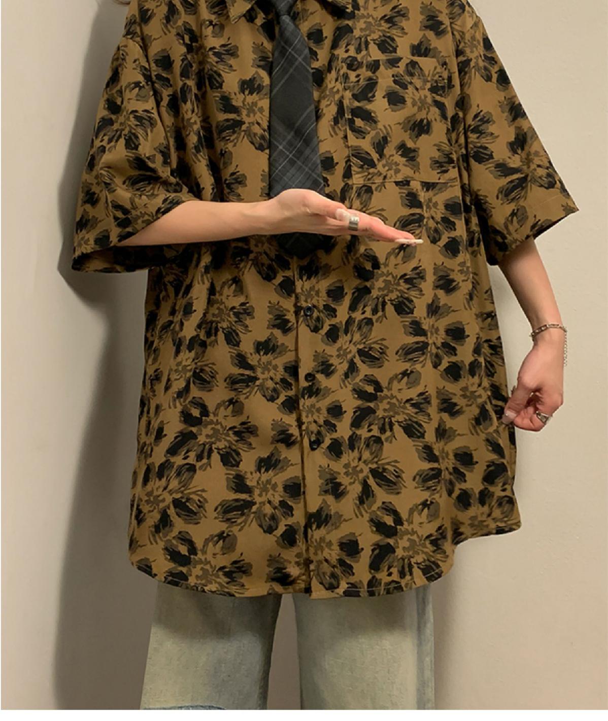 有领带巴洛克衬衫女美式复古冰丝夏威夷短袖情侣沙滩花衬衣 - 17网