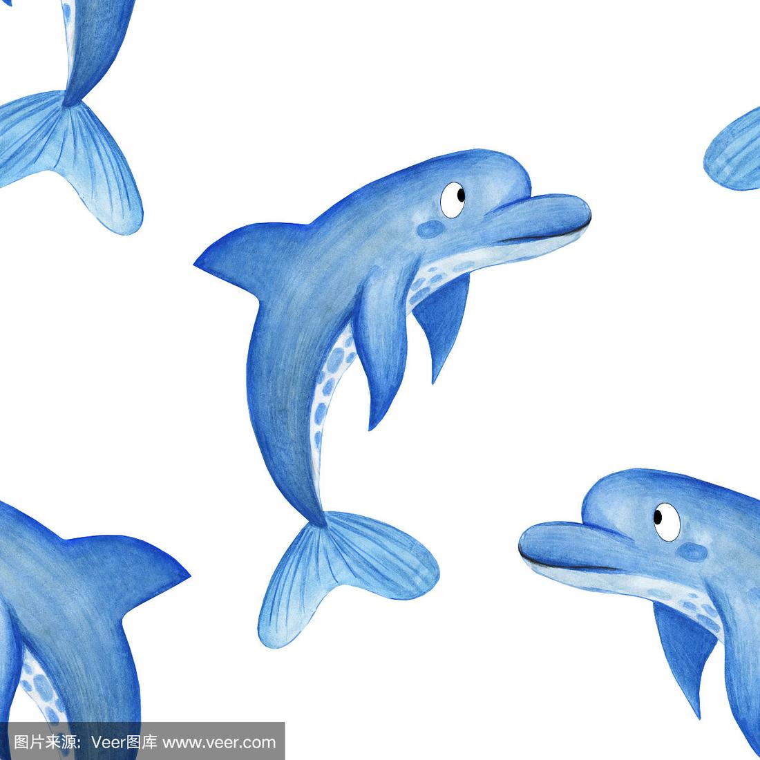水彩海豚模式.手绘卡通背景设计海豚在白色的背景.