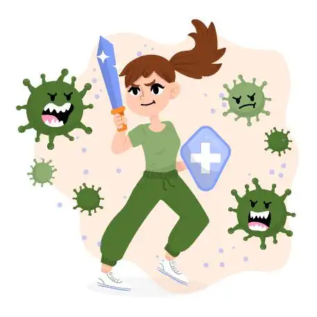 手绘女子抗击绿色病毒矢量素材