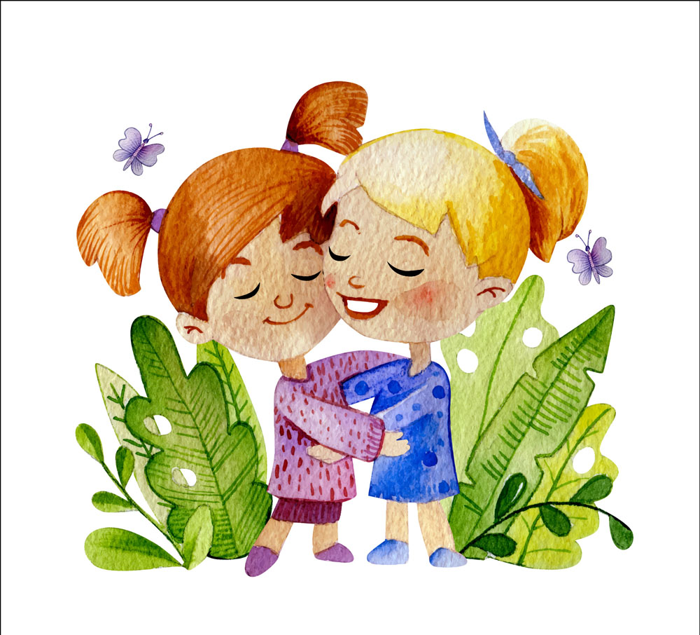 水彩绘拥抱的2个女孩矢量素材