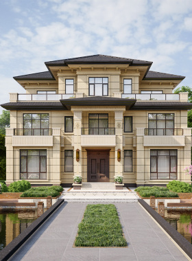 3041三层豪华新中式别墅设计图纸182平方16x12米砖混带堂屋大露台