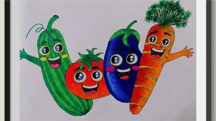 水彩笔儿童画——蔬菜,萝卜茄子西红柿拉上烧瓜去踏青
