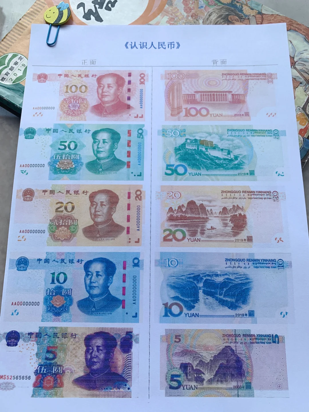 人民币教具a4正反打印高清版73不用买了