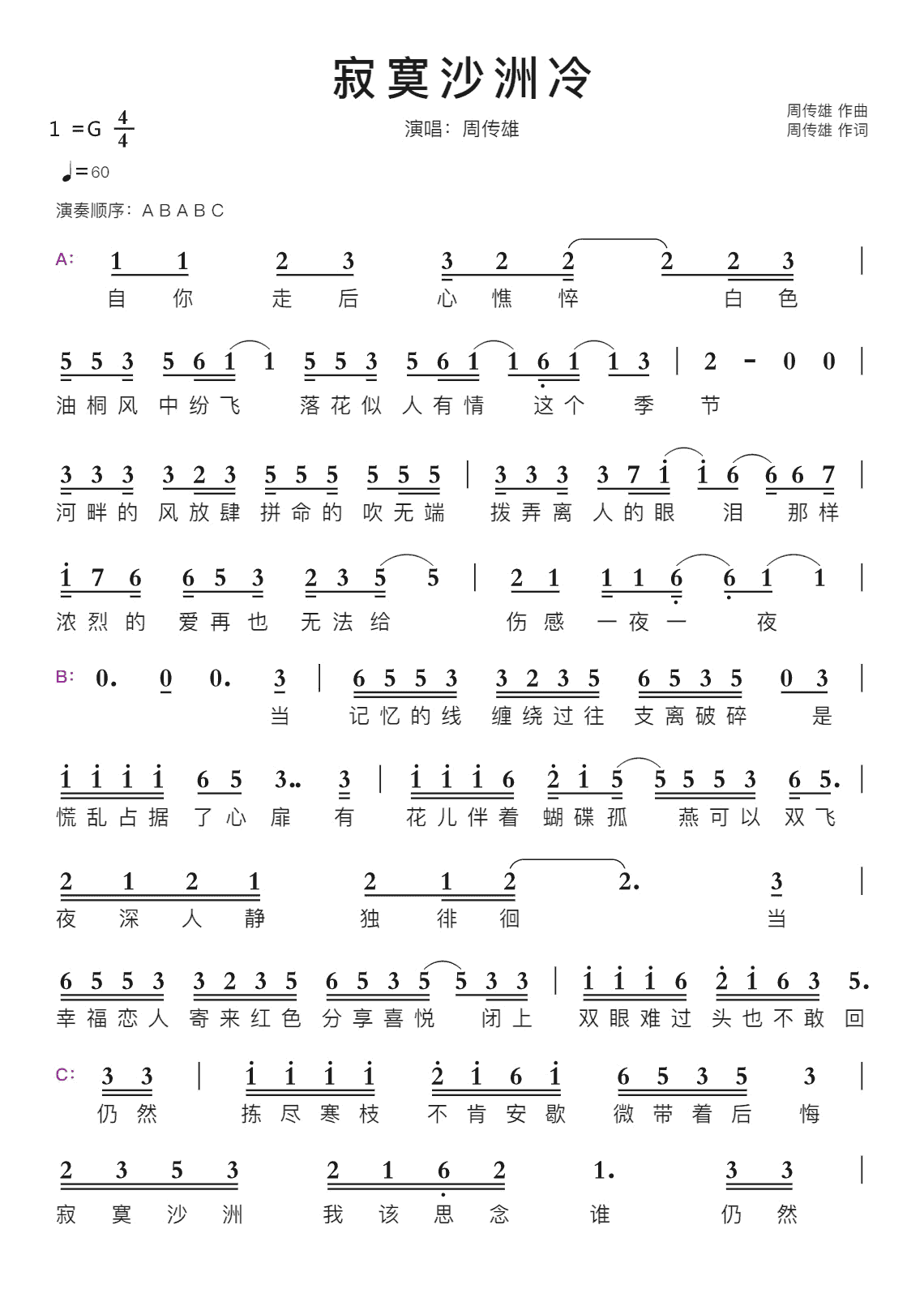 寂寞沙洲冷智能简谱演唱:周传雄