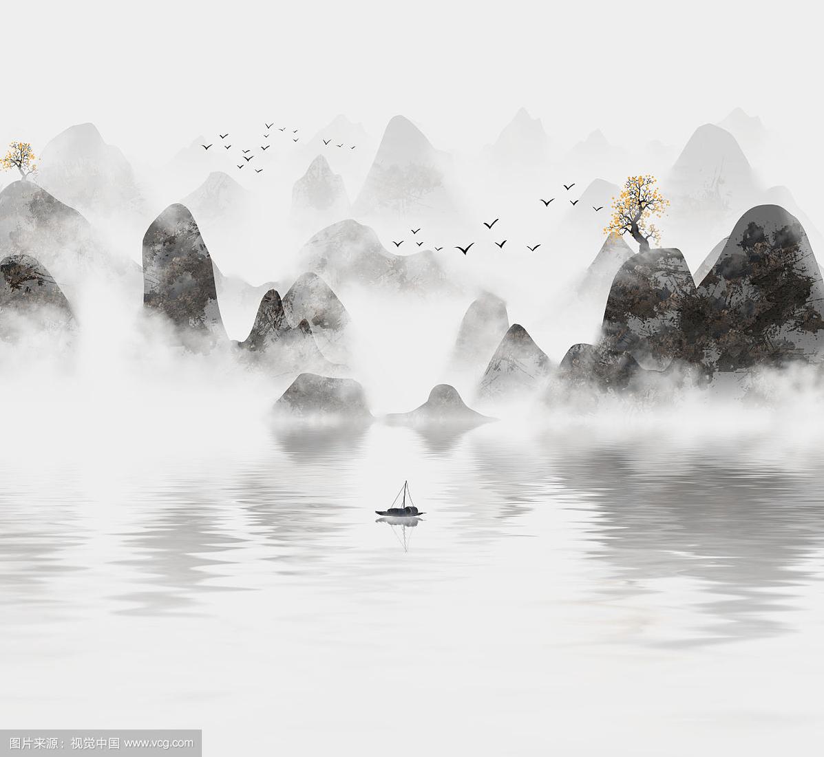 手绘中国风意境水墨山水风景画