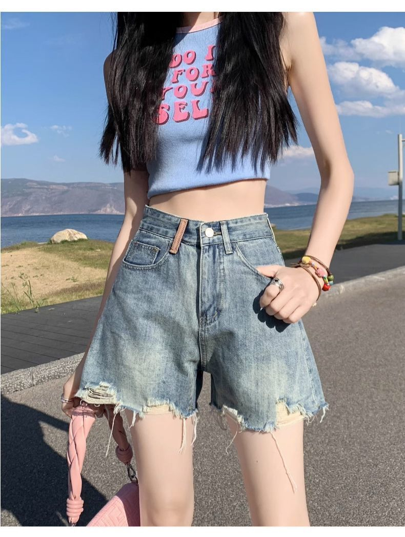 破洞牛仔短裤女夏薄款2024新款高腰显瘦a字小个子毛边超短热裤潮 - 17