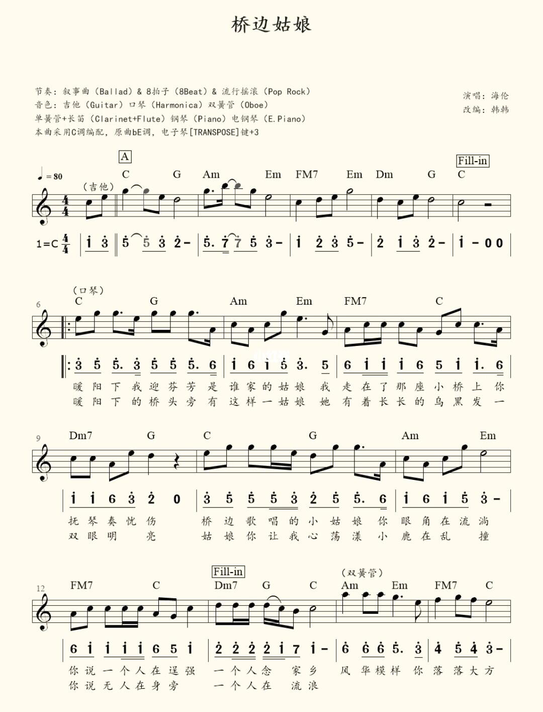 电子琴谱《桥边姑娘》 需要的朋友拿走～_电子琴_金色阳光花园攻略_桥