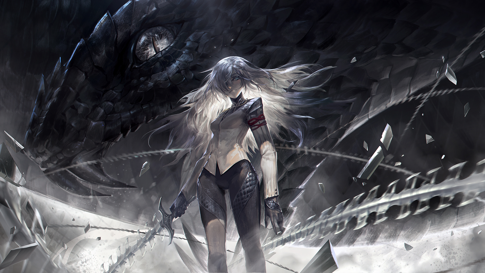 银发持剑少女和龙唯美动漫壁纸