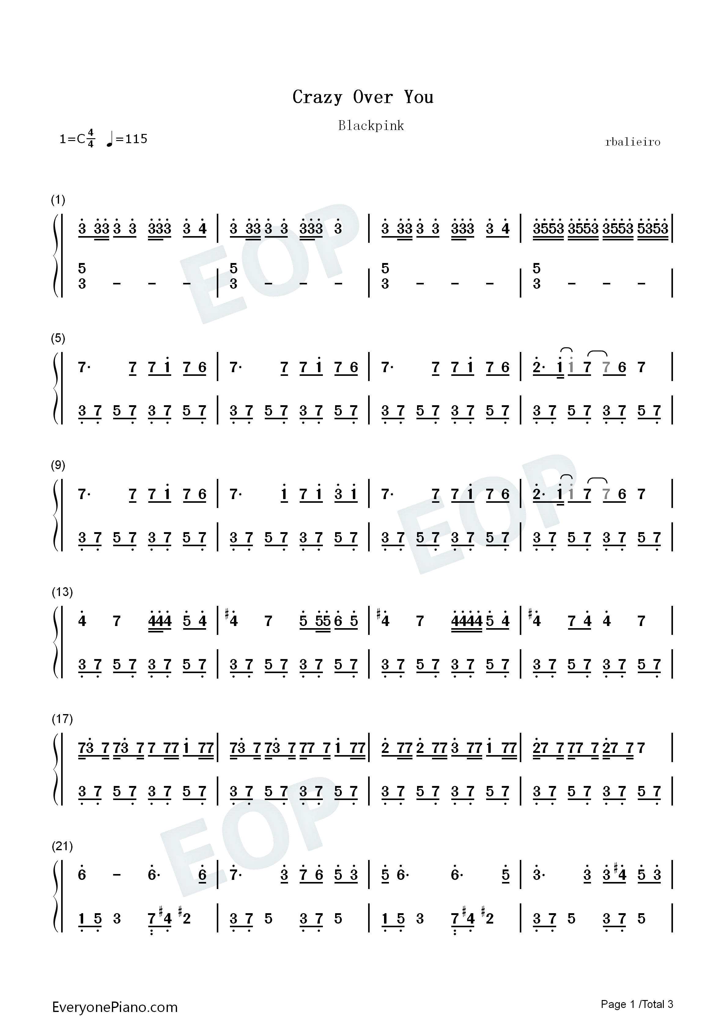 crazy over you-blackpink双手简谱预览1