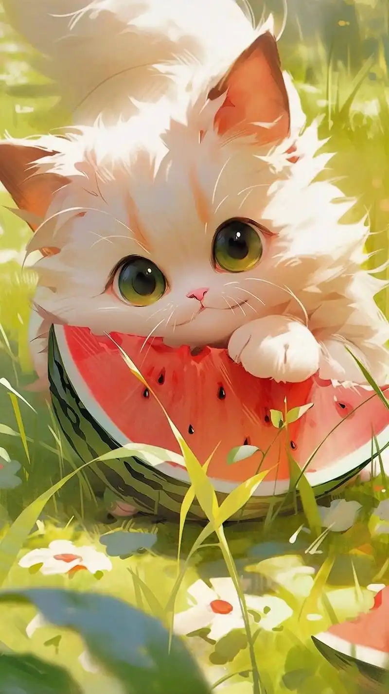 炎炎夏日,小猫咪也想来点西瓜呀#猫咪 #治愈系 #卡通 #插 - 抖音