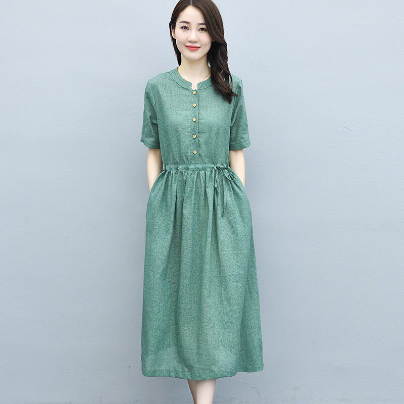 2020夏天新款宽松收腰亚麻裙子中长款休闲文艺过膝棉麻连衣裙女夏