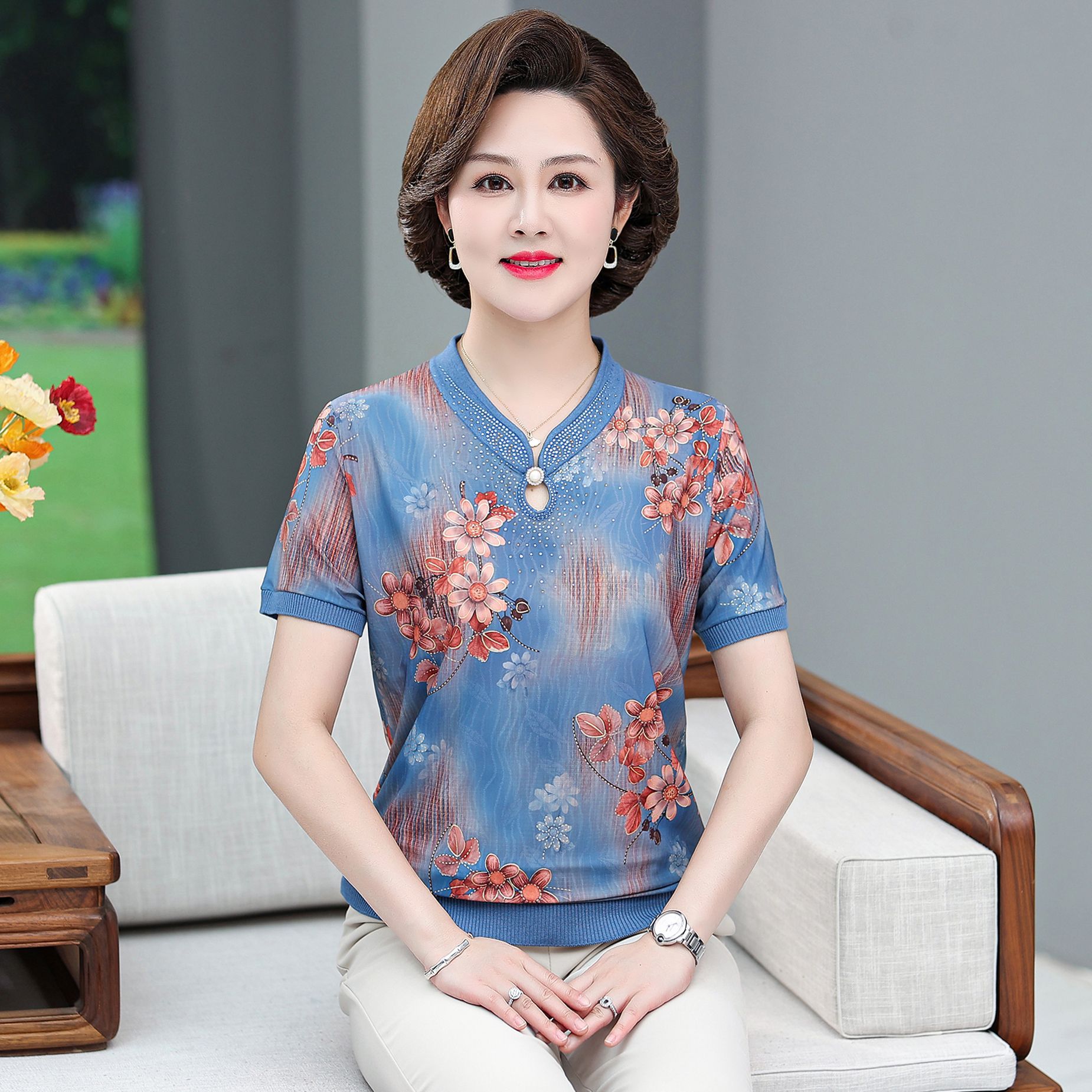 妈妈夏装冰丝短袖t恤衫50岁中年女装针织上衣薄老年人夏季新款女