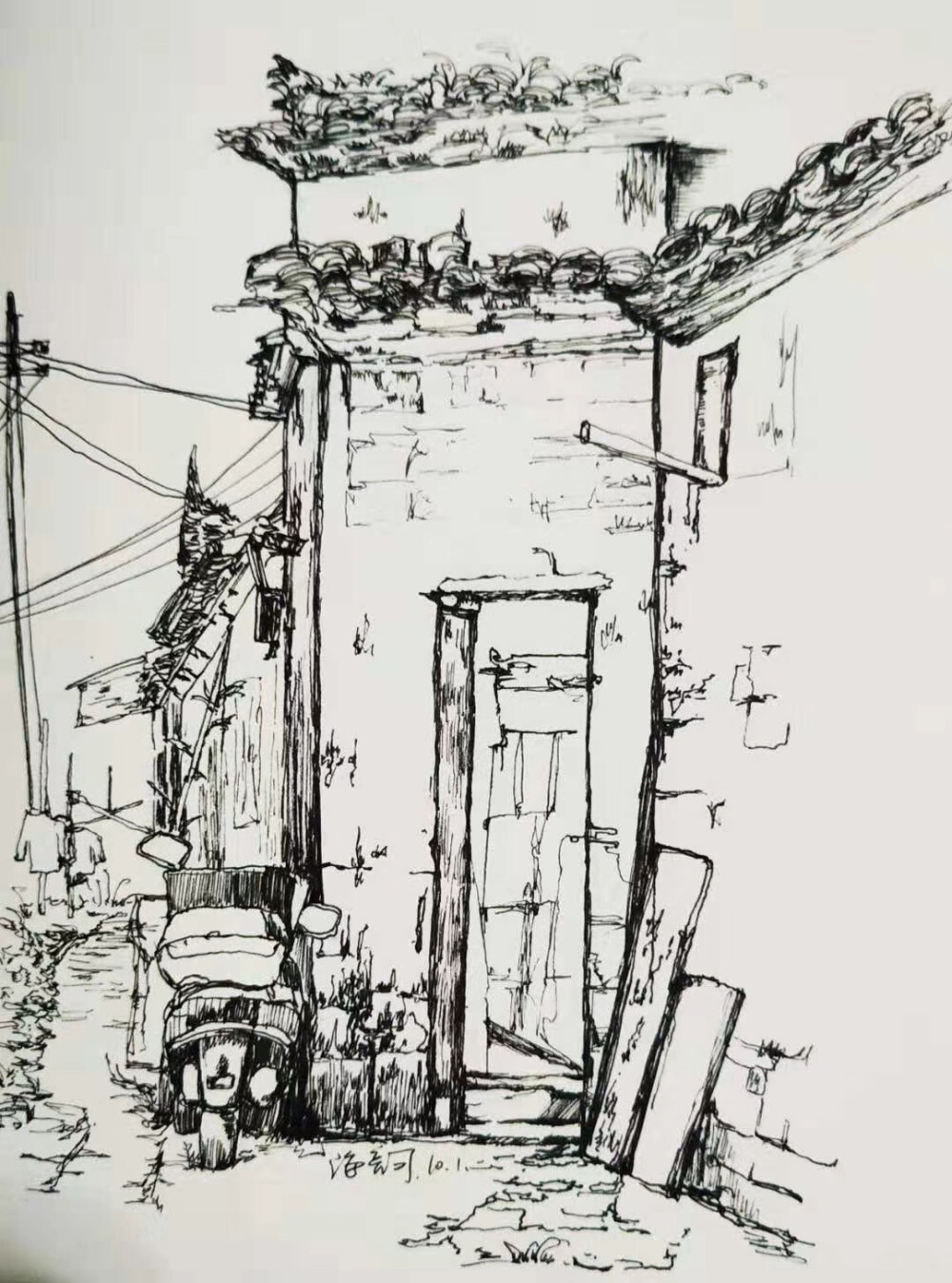 线描 装饰画 创意 黑白 建筑 风景 徽派建筑 吊脚楼 瓦房 民族风 速写