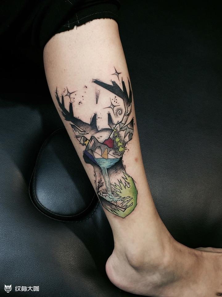 女生小腿外侧清新小鹿_纹身图案手稿图片_danny的纹身作品集