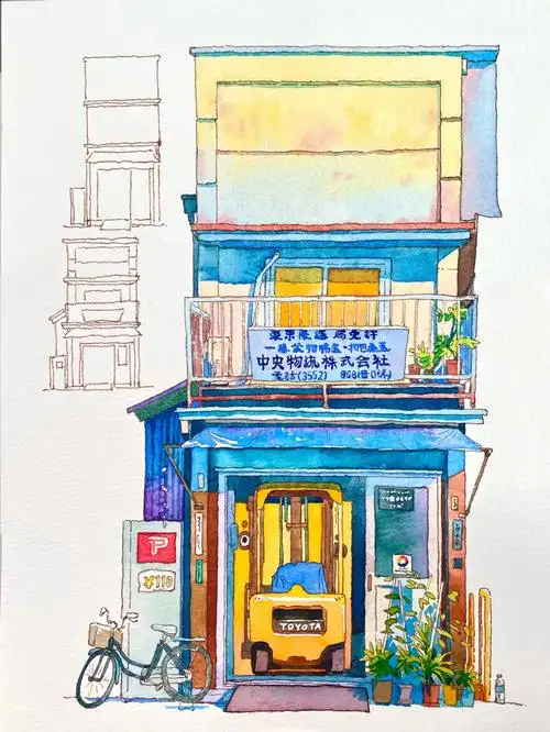 钢笔淡彩东京老铺日式街景水彩步骤图