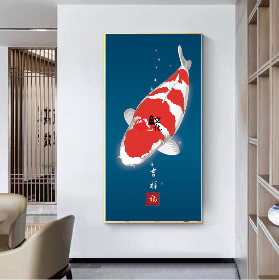 红白锦鲤装饰画客厅平面印刷油画布观赏鱼有框喷绘简约现代单幅