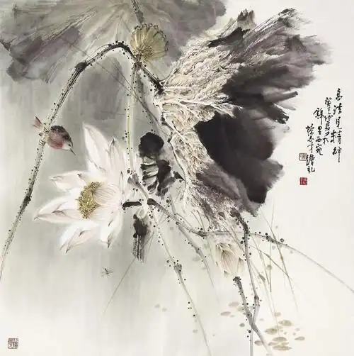 他笔下的花鸟,采用没骨,泼墨与勾勒并用的手法,将细腻的工笔技法与