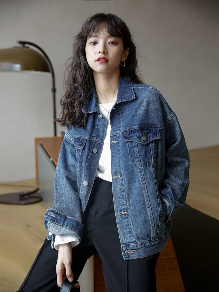 法式复古港味牛仔外套女2021秋季新款潮宽松韩版bf百搭深色牛仔衣