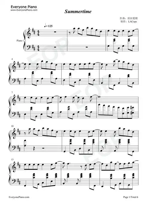 summertime-夏日时光-史上最甜的日语歌-抖音爆火五线谱预览1