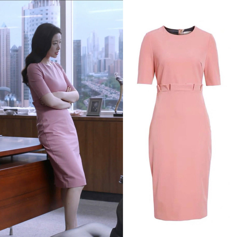 精英律师 粟娜同款 修身连衣裙短袖圆领显瘦通勤ol高腰包臀中长裙
