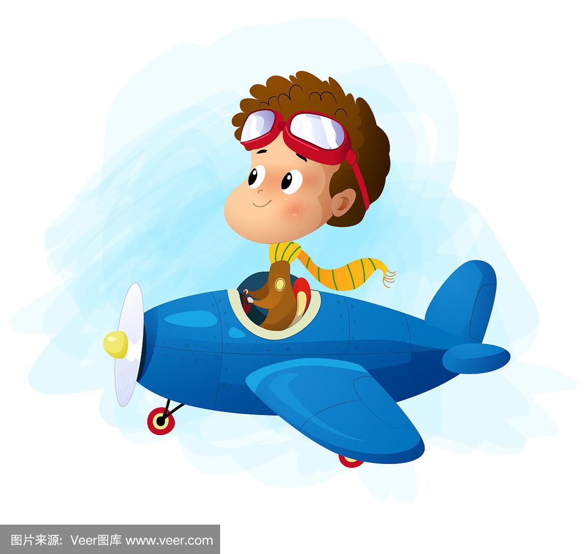 一个卡通男孩在驾驶飞机.
