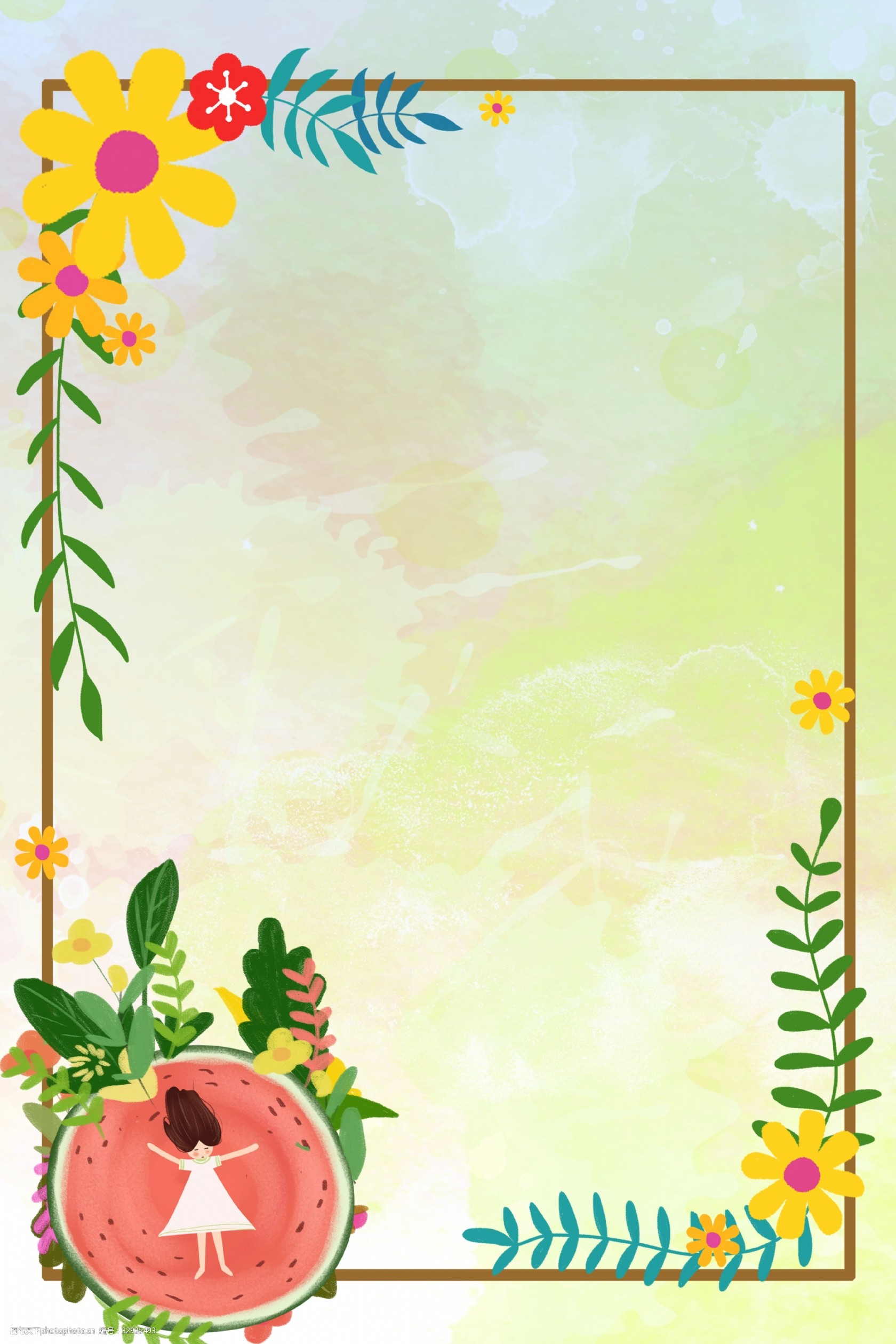 夏季冰爽西瓜背景 吃西瓜 喝冷饮 夏天 夏至 插画 果汁 消暑 炎热