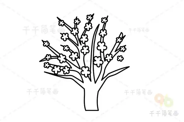 第二步:同样的方法多画一些桃花.第一步:先画两朵桃花.