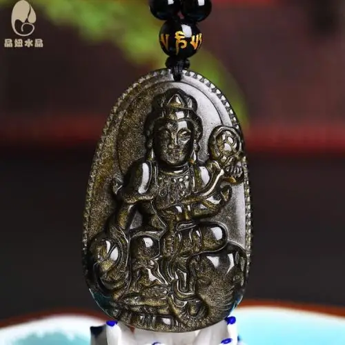 开光天然黑曜石普贤菩萨吊坠十二生肖属龙蛇本命佛守护神男女