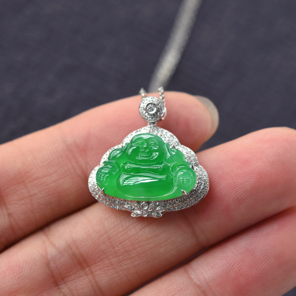冰种满绿18k白金镶玉佛翡翠挂件