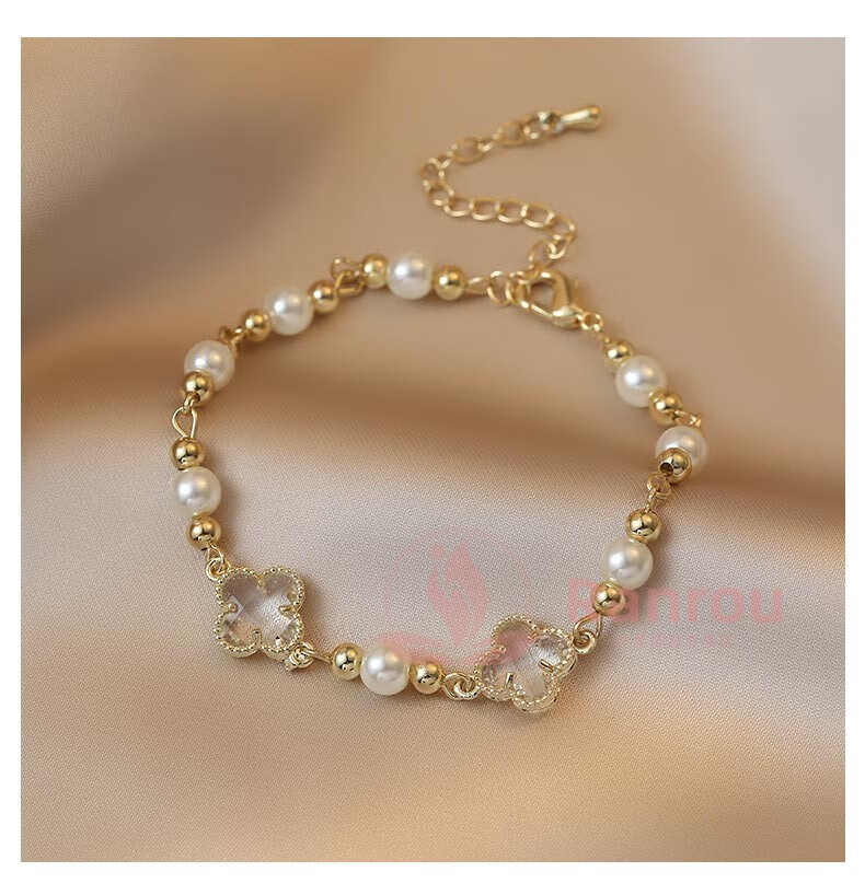 ranrou透明四叶草手链ins小众设计珍珠手串韩国气质网红女夏季大气