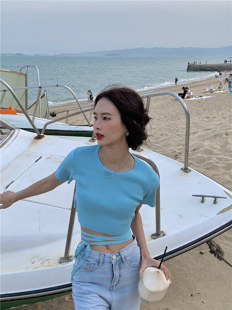 实拍实价 露脐短款上衣设计感小众绑带修身短袖t恤