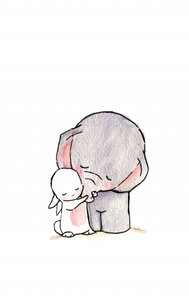 治愈系手绘插画:一只小象和一只小白兔,有时友谊就是这么简单.
