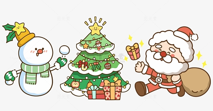 圣诞节日圣诞老人雪人圣诞树卡通组合