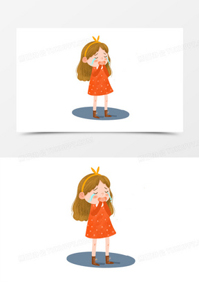 手绘卡通女孩捂嘴哭泣免抠元素