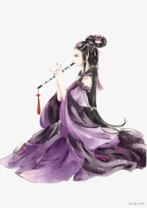吹箫的古风紫衣美人png素材透明免抠图片卡通手绘
