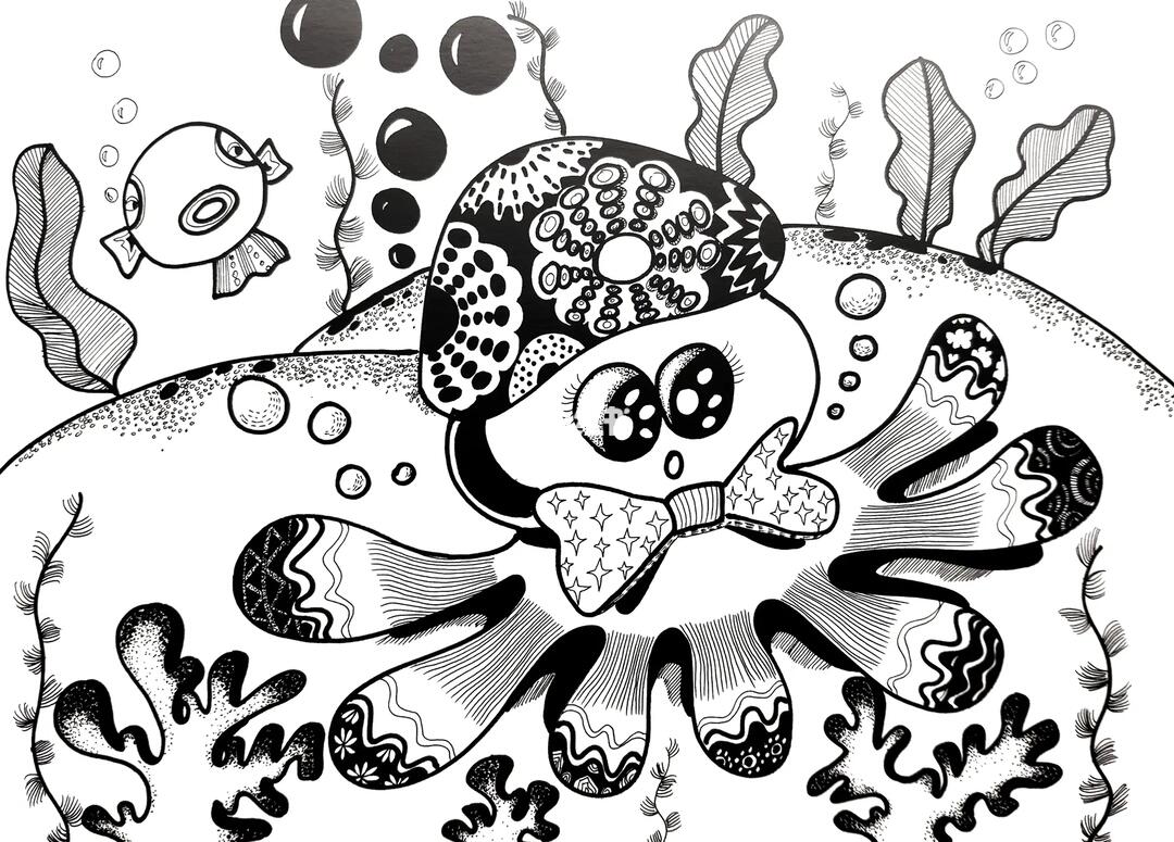 线描画  #黑白线描  #章鱼  #海底世界