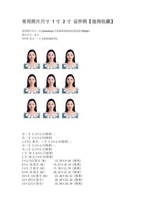 常用照片尺寸1寸2寸证件照