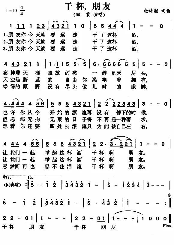 田震:《干杯朋友》简谱简谱-通俗曲谱-爱曲谱网