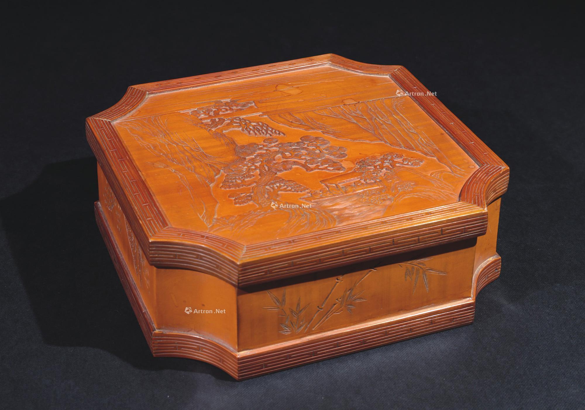 0134 清 竹贴簧山水人物方盒