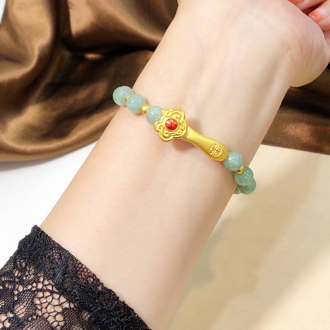 3d硬金黄金如意手链女999足金翡翠转运珠古法珠子手镯手串送妈妈