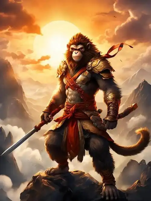 悟空的眼神坚毅且带有一丝狡黠,充满了战斗的决心.