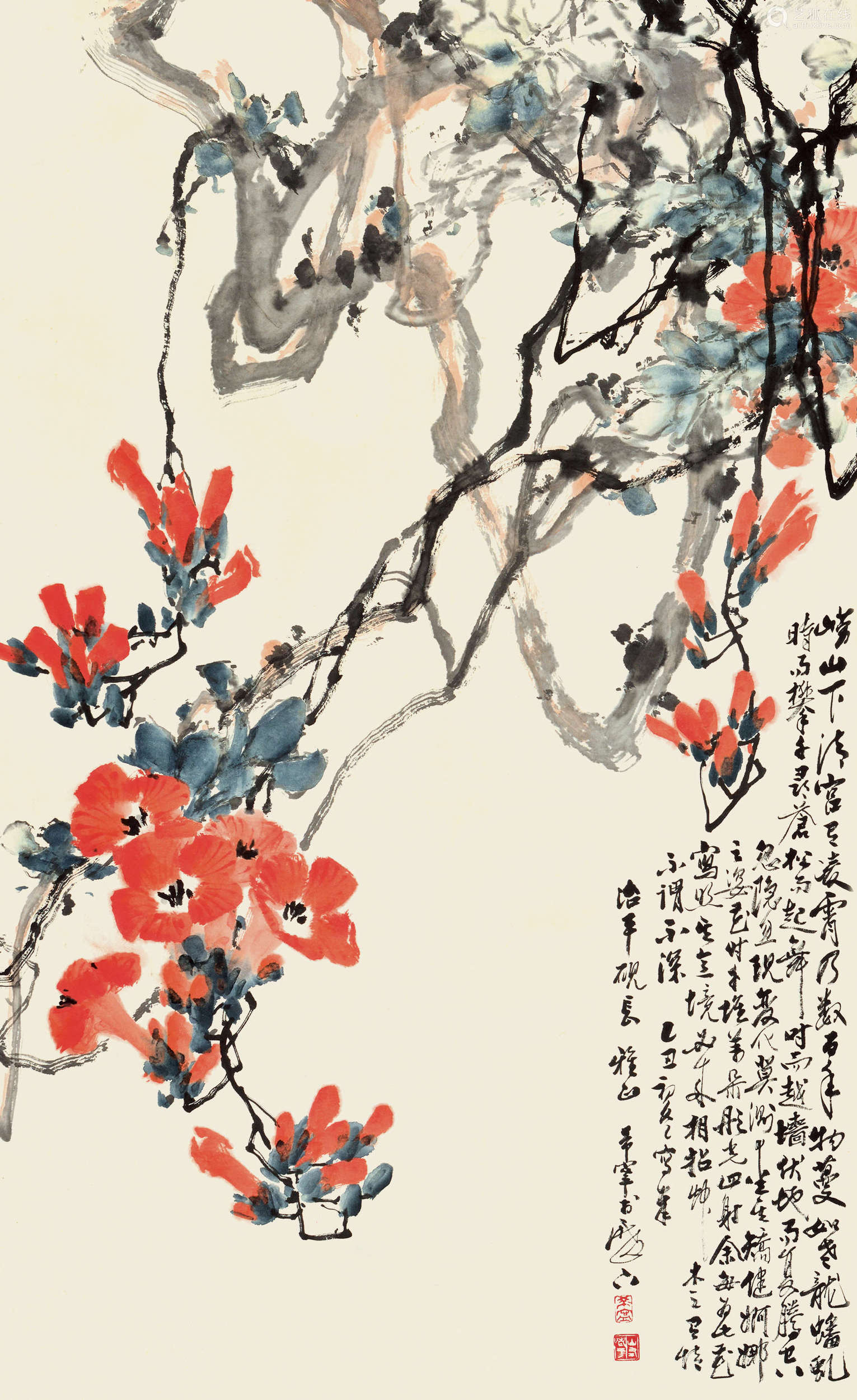 于希宁乙丑681985年作凌霄花镜框设色纸本