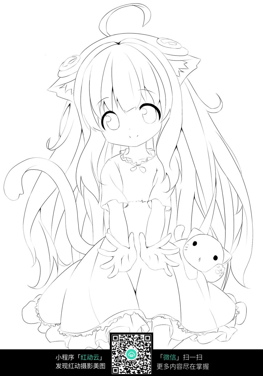 卡通美丽的女孩线描