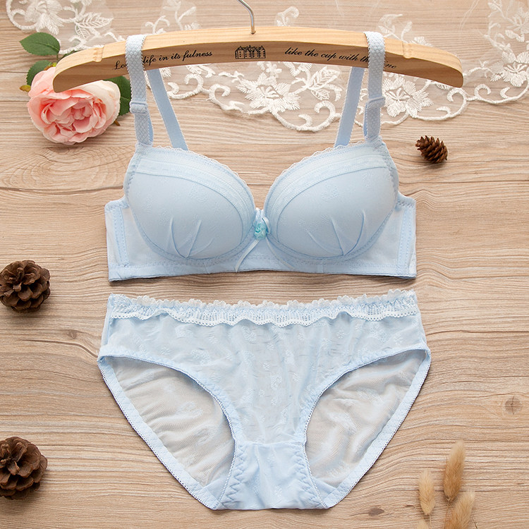 日系无钢圈内衣内裤上薄下厚聚拢上托性感学生少女文胸套装奶胸罩