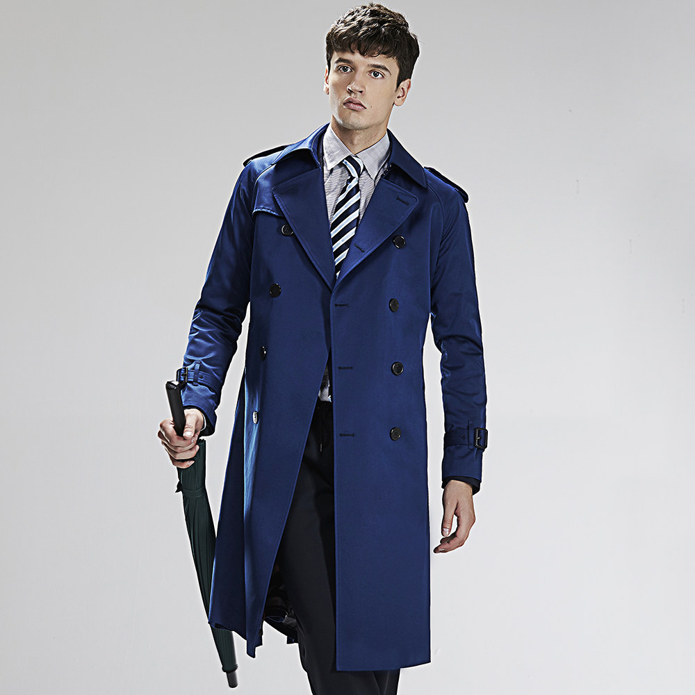 ursmart过膝长款风衣男双排扣防风雨男士风衣英伦时尚外套男