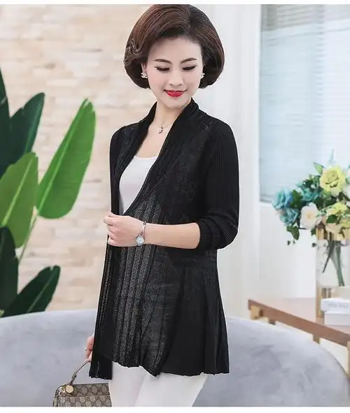 夏季中老年女士装长袖外搭2020妈妈装春夏薄款针织开衫中长款外搭中年