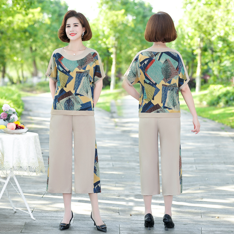 妈妈装套装洋气女装2024新款春款中老年上衣夏装短袖t恤两件套潮